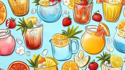 A colorful and refreshing illustration of summer cocktails, perfect for a hot day.