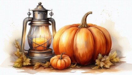  A watercolor pumpkin paired with a classic lantern, the flame gently illuminating the scene,