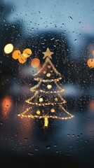 Fototapeta premium Christmas tree decor on rainy window - festive holiday mood for greeting cards