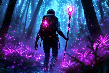 Obraz premium A fantasy hiker with a glowing staff, walking through a forest filled with bioluminescent plants and magical wildlife