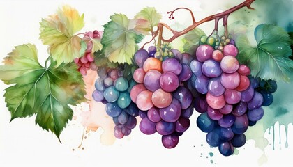 An up-close watercolor of a few grapes hanging from a slender branch, the grapes in rich pur 