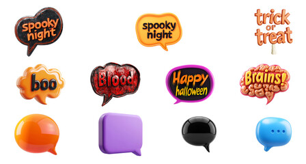 Fototapeta premium Collection Set of 3D Cartoon Speech Bubbles for Halloween in Various Styles, Thought Bubble, Icon, Letters, Isolated on Transparent Background, PNG