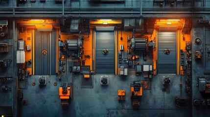 Abstract industrial background with metal, mechanical elements, and neon lighting