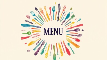 Minimalist Restaurant Menu Cover Design with White "MENU" Text, Cutlery in Rainbow Colors, Cream Background