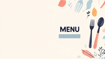 Menu Design with Pastel Colors, Cutlery and Tableware in a Circular Layout on Light Cream Background, Ideal for Restaurant Advertising with Clean Aesthetic.