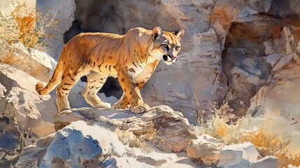 Watercolor painting of a regal cougar stalking its prey in a rugged, sun-drenched canyon