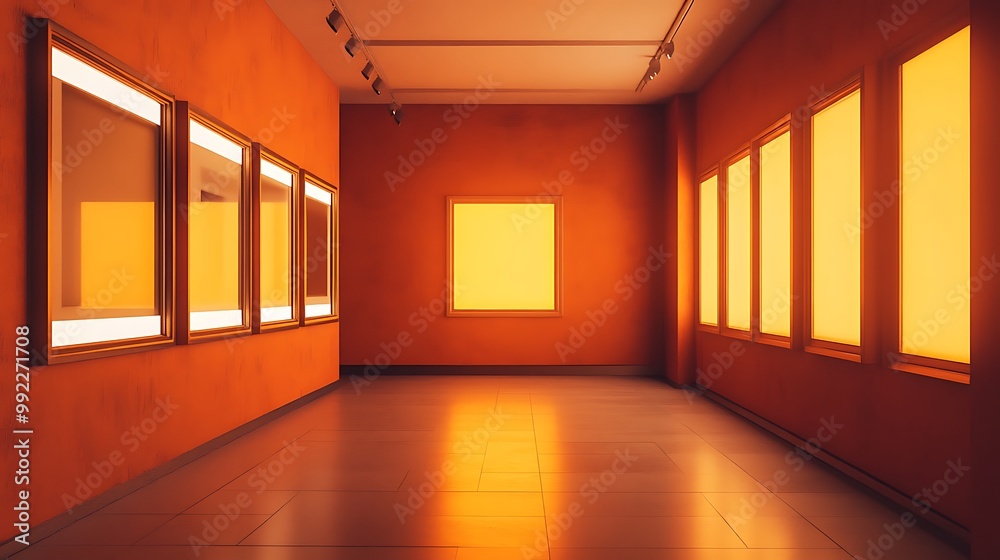 Poster Empty art gallery hallway with orange walls and glowing windows and frames. Minimalist modern interior design.