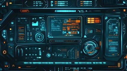 Fototapeta premium Futuristic Control Panel with Glowing Blue and Orange Interfaces
