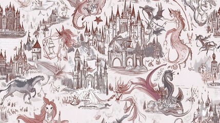 Naklejka premium A whimsical illustration of a fairytale kingdom with castles, dragons, and unicorns, all drawn in shades of pink and gray.