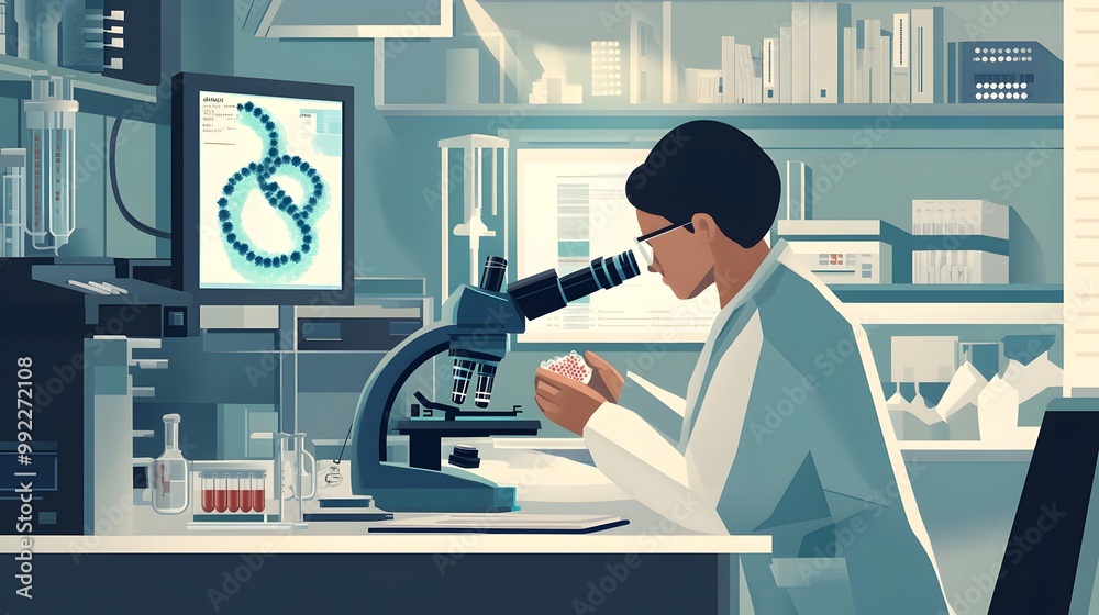Poster a scientist examining a sample under a microscope in a laboratory setting
