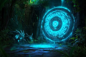 Obraz premium A fantasy digital illustration of a mystical temple, hidden deep in a jungle with glowing runes and enchanted creatures guarding it