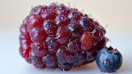 Single raspberry captured macro lens highlighting velvety texture of each drupelet subtle imperfection like tiny hair natural color variation under soft even lighting enhances natural beauty