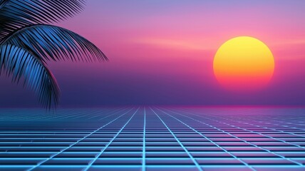 Fototapeta premium A tropical beach scene with a palm tree and a sunset in the background