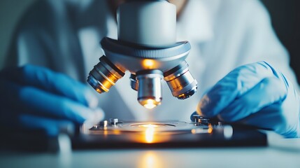 Close-up of a Microscope Lens with a Glowing Stage and Gloved Hands
