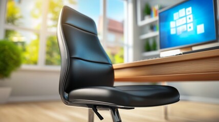 Fototapeta premium A black leather office chair sits in front of a computer monitor