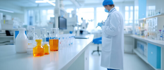 well lit medical laboratory with clean countertops and various glassware.