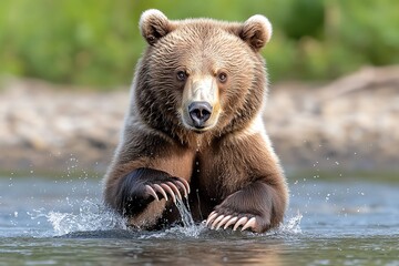 Fototapeta premium A grizzly bear fishing in a river, standing on its hind legs as it swipes at the water with powerful claws