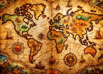 Naklejka premium Antique Treasure Map with Intricate Details and Weathered Texture for Adventure and Exploration Themes