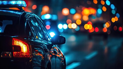 A police car's flashing blue siren in sharp focus, set against a dark, busy city street at night. The lights represent law enforcement presence and danger on the road.
