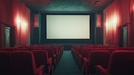 A quiet cinema hall with plush red seats, a large blank screen ready for a film, and soft ambient lighting creating a cinematic mood.