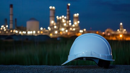 A single-color safety helmet in front of an oil refinery and gas storage tank at night. The industrial lights highlight the need for safety in the energy industry.