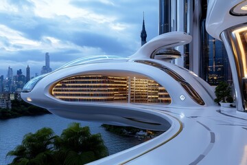 A futuristic city with a floating library, where book lovers can digitally access and read books from anywhere in the world