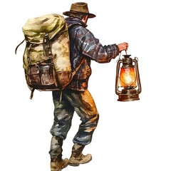 Fototapeta premium Watercolor Illustration of a Hiker with Backpack and Lantern.