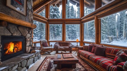 Cozy Cabin Interior with Fireplace and Snowy Forest View