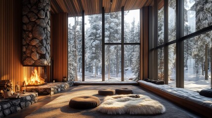 Cozy Cabin Living Room with Stone Fireplace and Snowy Forest View