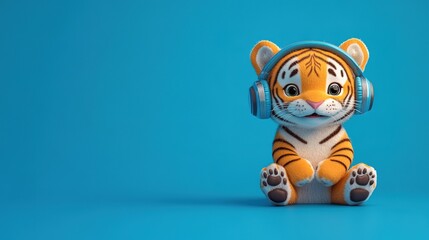 Adorable little tiger wearing colorful headphones, showcasing a playful and charming personality. 