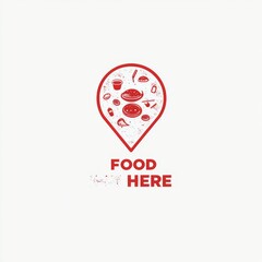 Text "FOOD HERE" with a Map Pin Symbol Incorporating Food Elements , Ideal for Location-Based Services.
