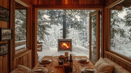 Fototapeta premium Cozy Cabin Interior with Fireplace and Snowy Winter View