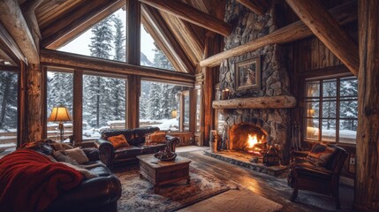 Fototapeta premium Cozy Cabin Interior with Fireplace and Winter View