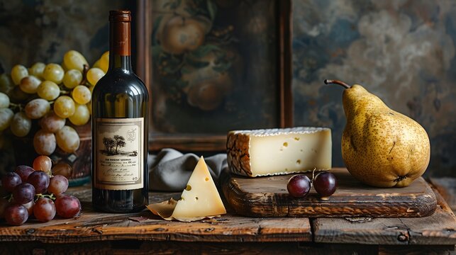 Still life composition of a pear with a bottle of wine and a cheese board set against a dark moody background perfect for gourmet and culinary themes Scientific name Pyrus communis