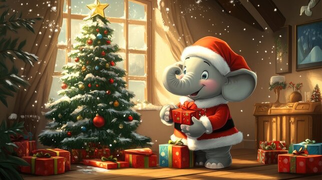 A smiling cartoon elephant dressed as Santa, happily placing presents under a Christmas tree in a cozy home.