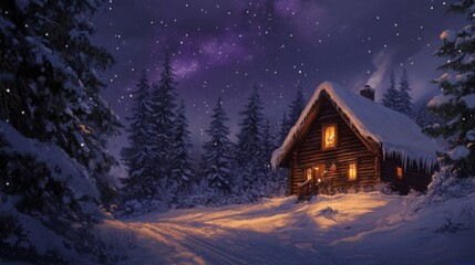 Fototapeta premium A Cozy Log Cabin in a Snowy Forest Under a Starry Night Sky