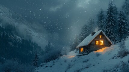 A Cozy Cabin Nestled in a Snowy Mountain Forest Under a Falling Snowstorm