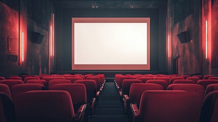 Fototapeta premium A spacious cinema with bright red seats, all facing a large, white blank screen, waiting for the lights to dim.
