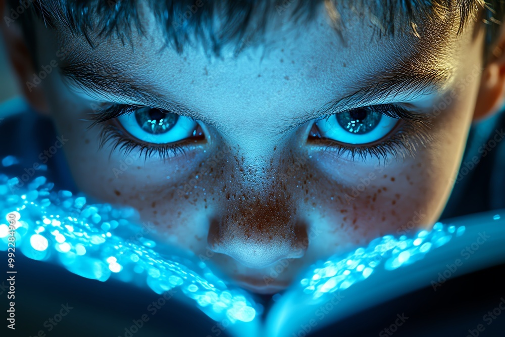 Poster A hyper-realistic image of a childâ€™s focused face, with intense concentration as they read a book, showing every fine detail in their expression