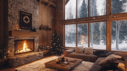 Cozy Cabin Interior with Fireplace, Christmas Tree, and Snowy Window View