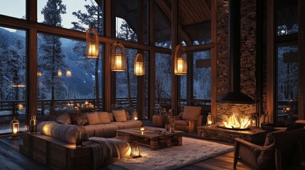 Cozy Cabin Interior with Fireplace and Snowy Forest View