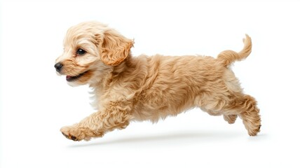 A small dog is running on a white background
