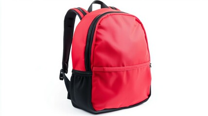 A red backpack with a black strap sits on a white background