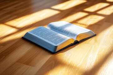 A hyper-realistic shot of an open book on a wooden table, with sunlight casting long shadows across the pages and the wood grain