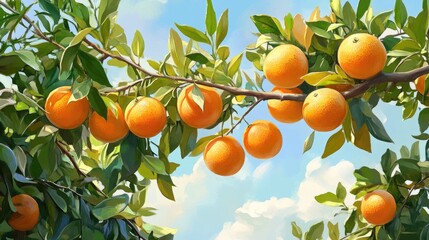 A vibrant orange tree branch with ripe oranges basking in the sun, with green leaves and clear blue skies creating a peaceful orchard scene.