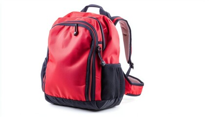 A red backpack with a black strap sits on a white background