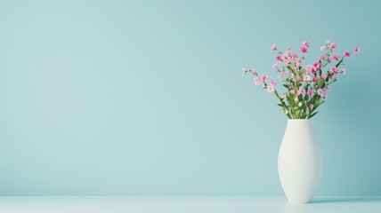 Naklejka premium A white vase with pink flowers sits on a table in front of a blue wall