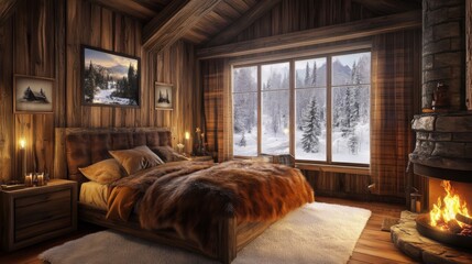 Cozy Cabin Bedroom with a Fireplace and Winter View
