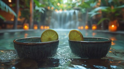 Sweet lime honey detox water served artisan ceramic cup wellness retreat yoga pavilion gentle incense serene music softly flowing background promoting relaxation hydration Scientific name Citrus