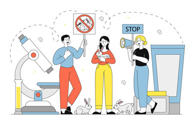 Animal protection rally. Men and women with placards and loudspeakers. Strike and demonstration. Democracy and freedom of speech. Linear vector illustration